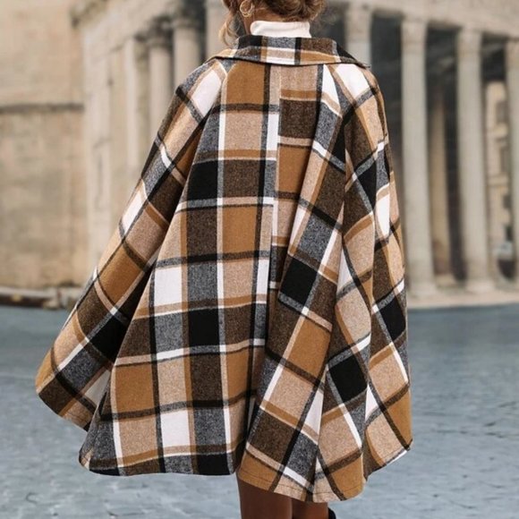 Double Breasted Plaid Print Cloak Sleeve Coat jacket cape - Picture 2 of 6